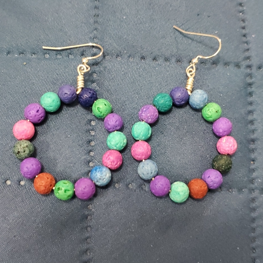 Handmade Multicolor Lava Stone Hoop Earrings Silver Plated Boho Jewelry New
